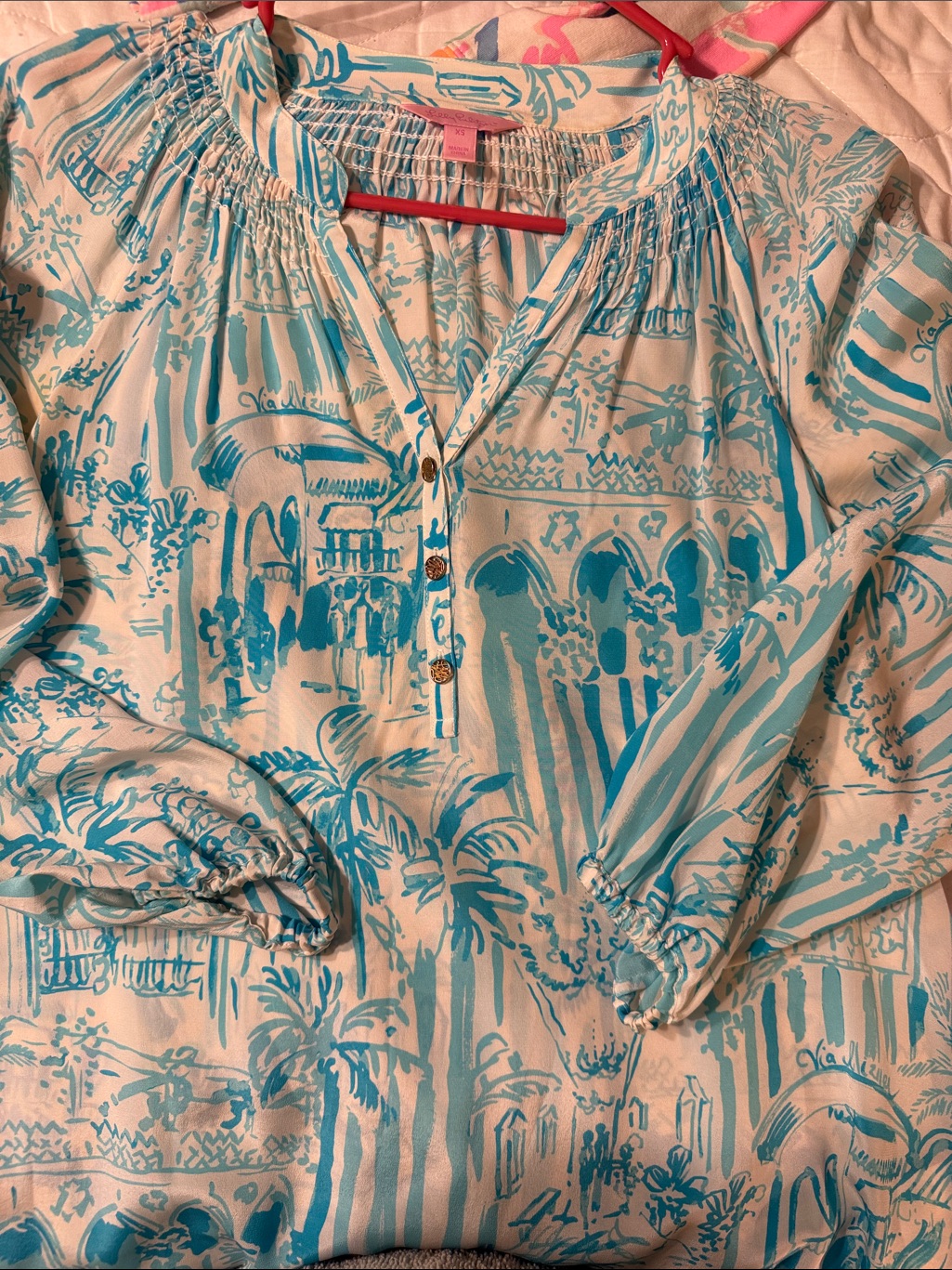 Lilly Pulitzer White & Aqua Blue Printed Blouse